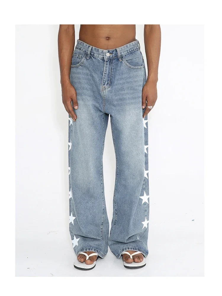 Y2K Star Jeans Мужские джинсовые широкие брюки Hip Hip Hip Haarajuku Свободные повседневные брюки и корейская уличная одежда с принтом