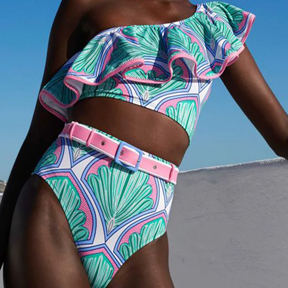 Печатный модный раздельный купальник с оборками, женское пляжное бикини 2023 Сексуальное лето Элегантность Slim Fit Plaid Print Petal Stereo Strap