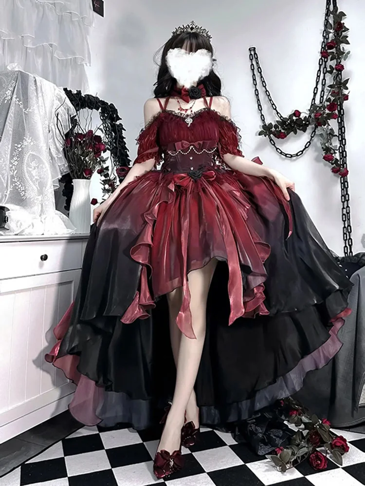 Темная невеста Красный Цветок Свадебное Платье Потому что Лолита Платье Оп Платье Лолита Тяжелая Промышленность Тропа Пышная Принцесса Платье, Лолита Косплей