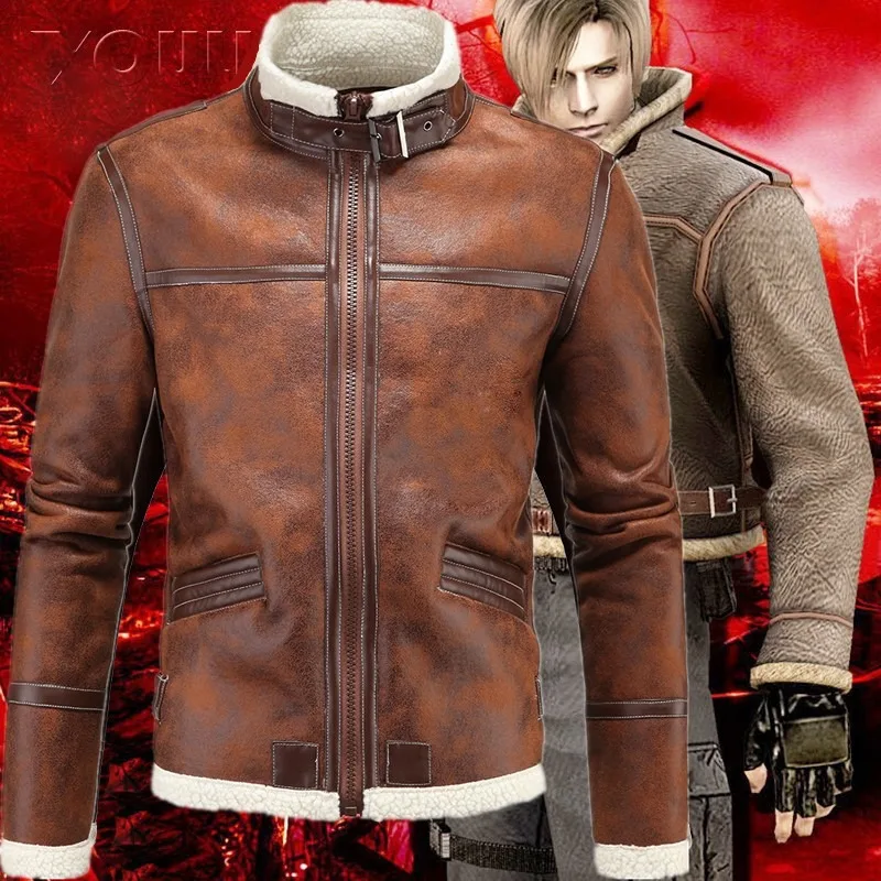  Мужская меховая интегрированная куртка Зимние толстые воротники Соответствующий цвет Кожаное пальто