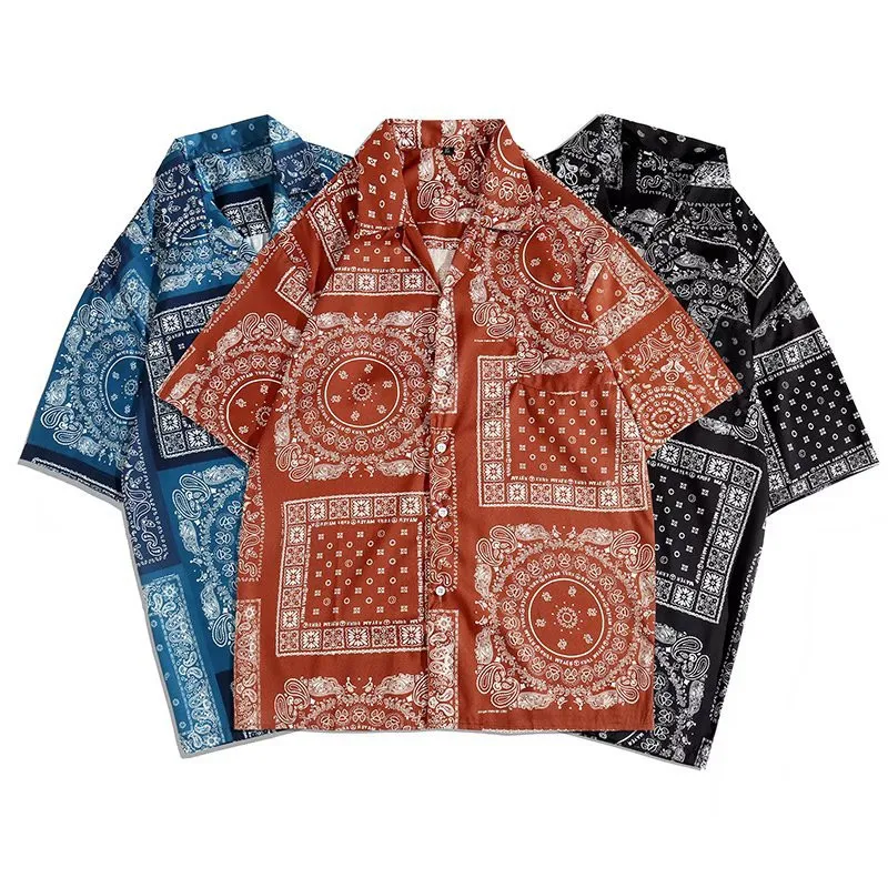 Гавайская рубашка с коротким рукавом и принтом Мужские свободные и дышащие топы оверсайз Летняя одежда Пляжная блузка в стиле ретро