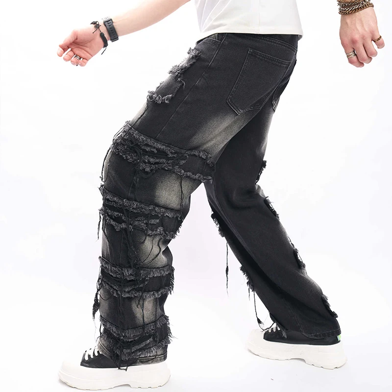 Мужские черные джинсы Slim Fit Рваные джинсы Разрушенные прямые джинсовые брюки Harajuku Хип-хоп Брюки Уличная одежда
