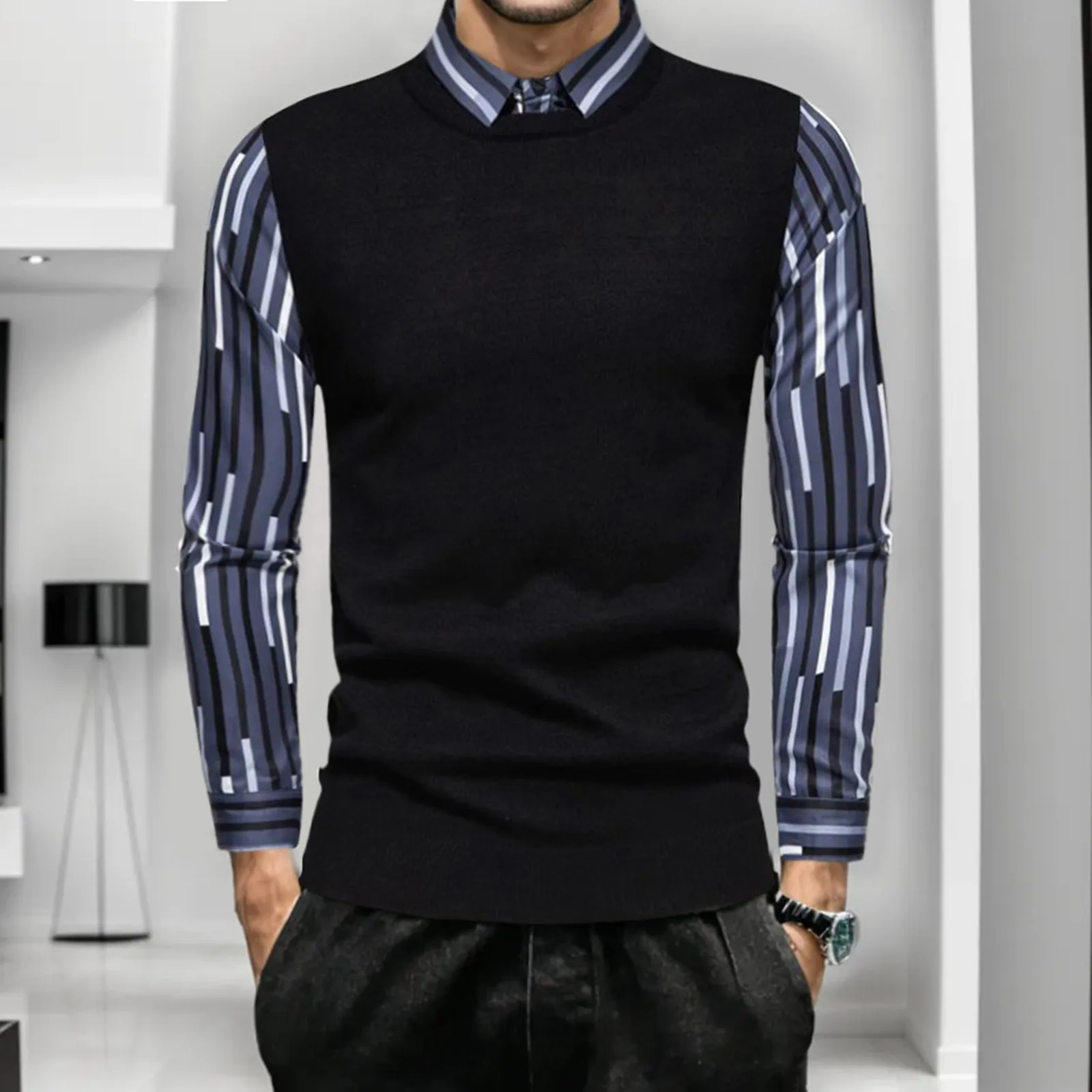  Мужская осень и зима Британская тонкая верхняя блузка Полосатая рубашка Свитер из двух частей Красивая мода Топ Рубашка