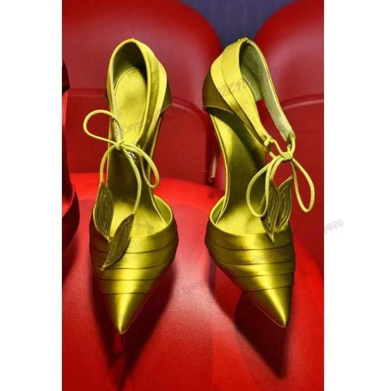  Зеленые атласные туфли с ремешком на спине Кросс-перевязанные туфли с острым носком для женщин Чехол Каблук Тонкая обувь на высоком каблуке 2023 Zapatos Para Mujere