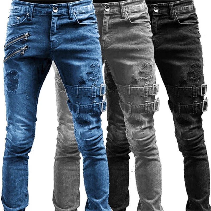 Мужчины Тонкий байкер Рваные длинные джинсовые брюки Узкие джинсы Карманные боковые ремни и молнии Мужские спортивные штаны Разрушенные эластичные штаны