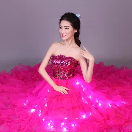 Синий Розовый свет длинное свадебное платье для вечеринки Новый год Вечер ведущий Сцена DJ шоу LED Tron Dance Wear платья элегантные юбки