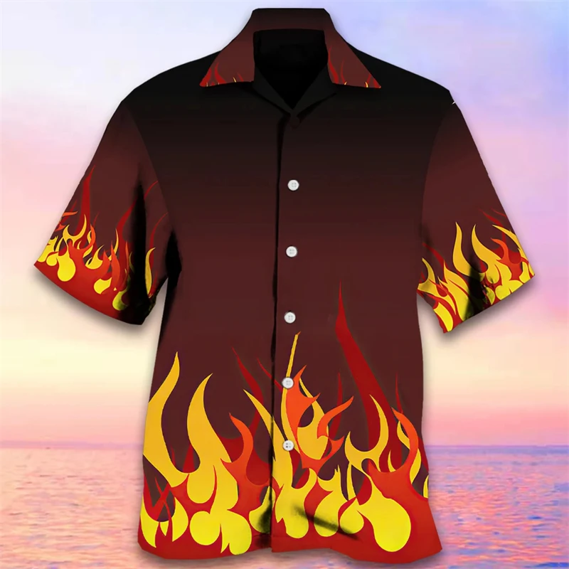 2024 Мужская 3D рубашка с принтом пламени Гавайская повседневная рубашка с короткими рукавами Модная пляжная рубашка с лацканом Мужская летняя рубашка Одежда