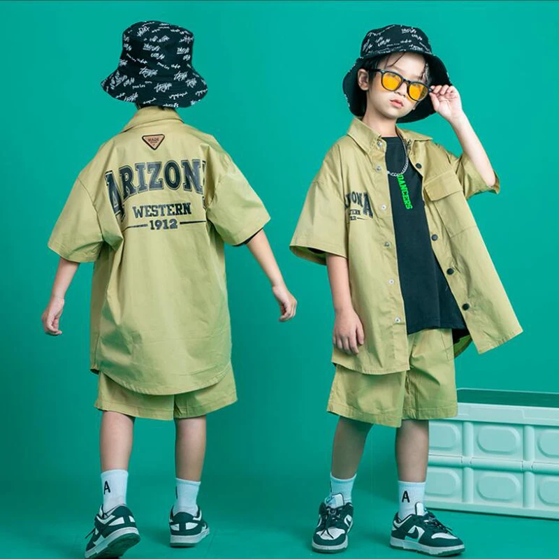 Kids Kpop Хип-хоп одежда Хаки Кардиган Бейсбольная рубашка Топы Летние шорты-карго Брюки для девочек Мальчики Джаз Танец Костюм Одежда