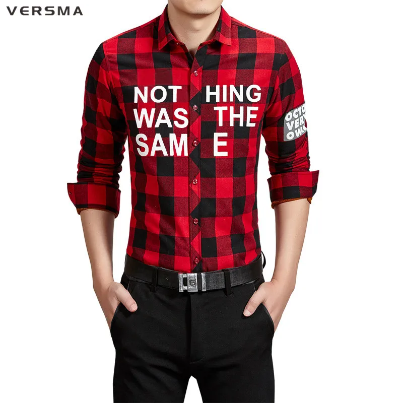 VERSMA Мужская красная клетчатая рубашка Модный бренд Slim Fit Cotton Повседневная рубашка Мужчины с длинным рукавом Стильные социальные мужские классические рубашки Плюс размер