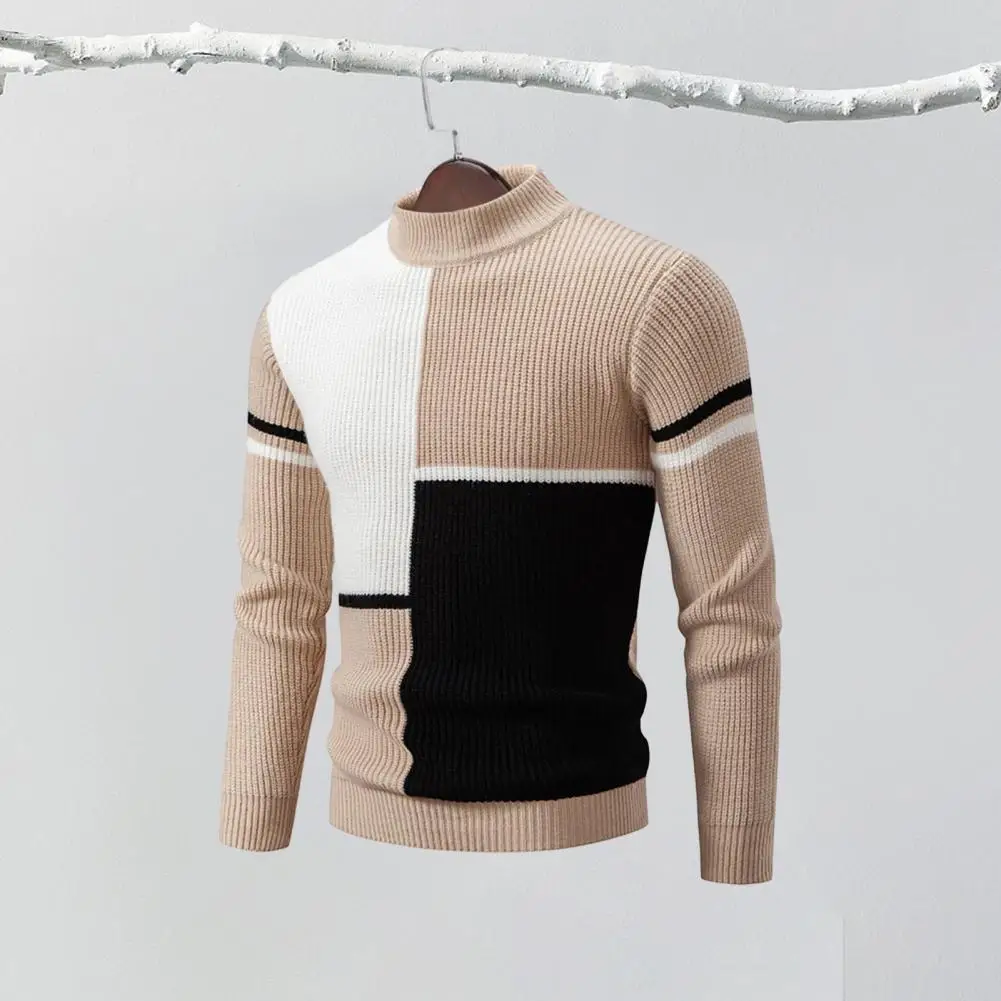 Высокоэластичный свитер Колорблок Трикотажный мужской свитер с полувысоким воротником Slim Fit Warmth для осенне-зимнего теплого свитера