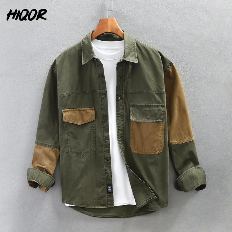 HIQOR Stitching Трехмерная мужская рубашка с длинными рукавами с длинными рукавами Весна 2023 Новая мода All Match Pure Cotton M-4XL Y2K Куртка