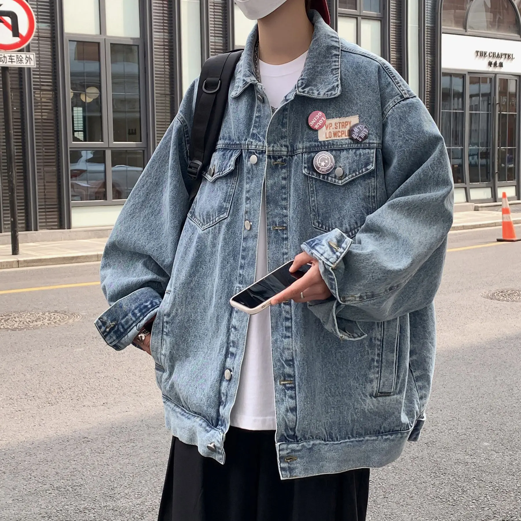 Осенняя винтажная джинсовая куртка Мужская корейская мода Уличная уличная куртка Мужская джинсовая верхняя одежда с отложным воротником Хлопковые куртки-бомберы
