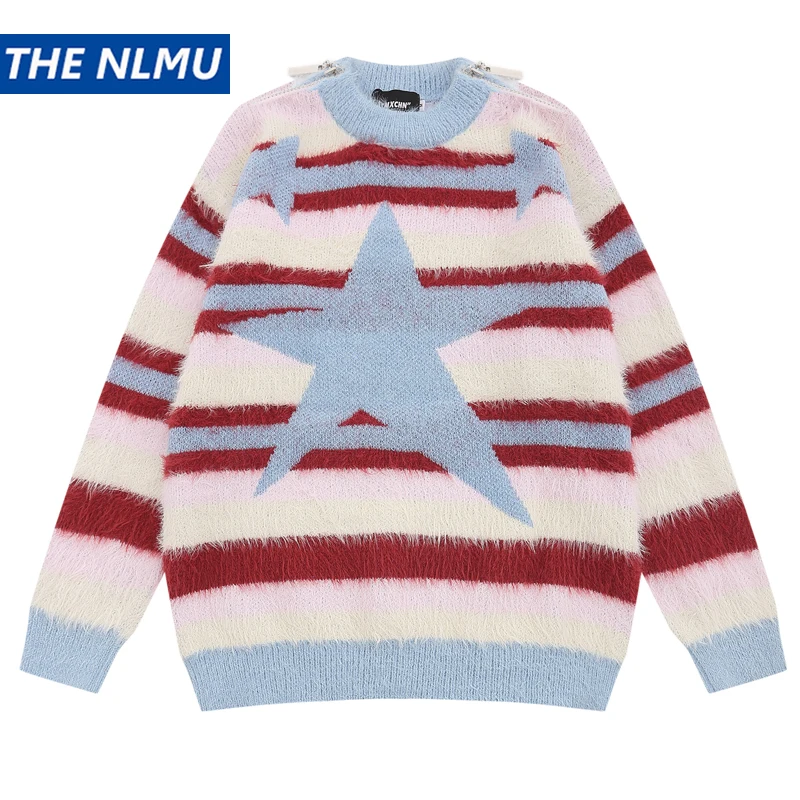 2023 Мужской осенне-зимний свитер полосатый пуловер со звездой трикотаж Harajuku Оверсайз хип-хоп уличная одежда свитер Y2K Джемпер