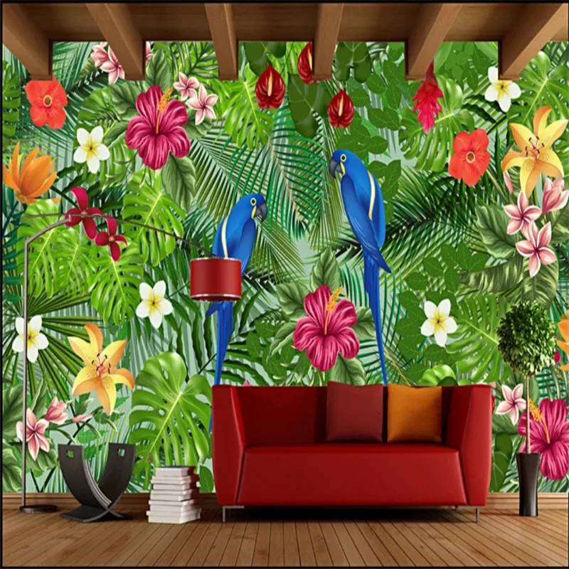 Пользовательский нарисованный вручную попугай тропические растения настенная роспись 3D гостиная спальня декор обои 3D обои домашний декор