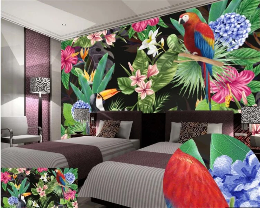 Пользовательские обои HD Тропический лес Листья Попугай Фон Стена Гостиная Спальня Диван Телевизор Фотообои для стен 3 d