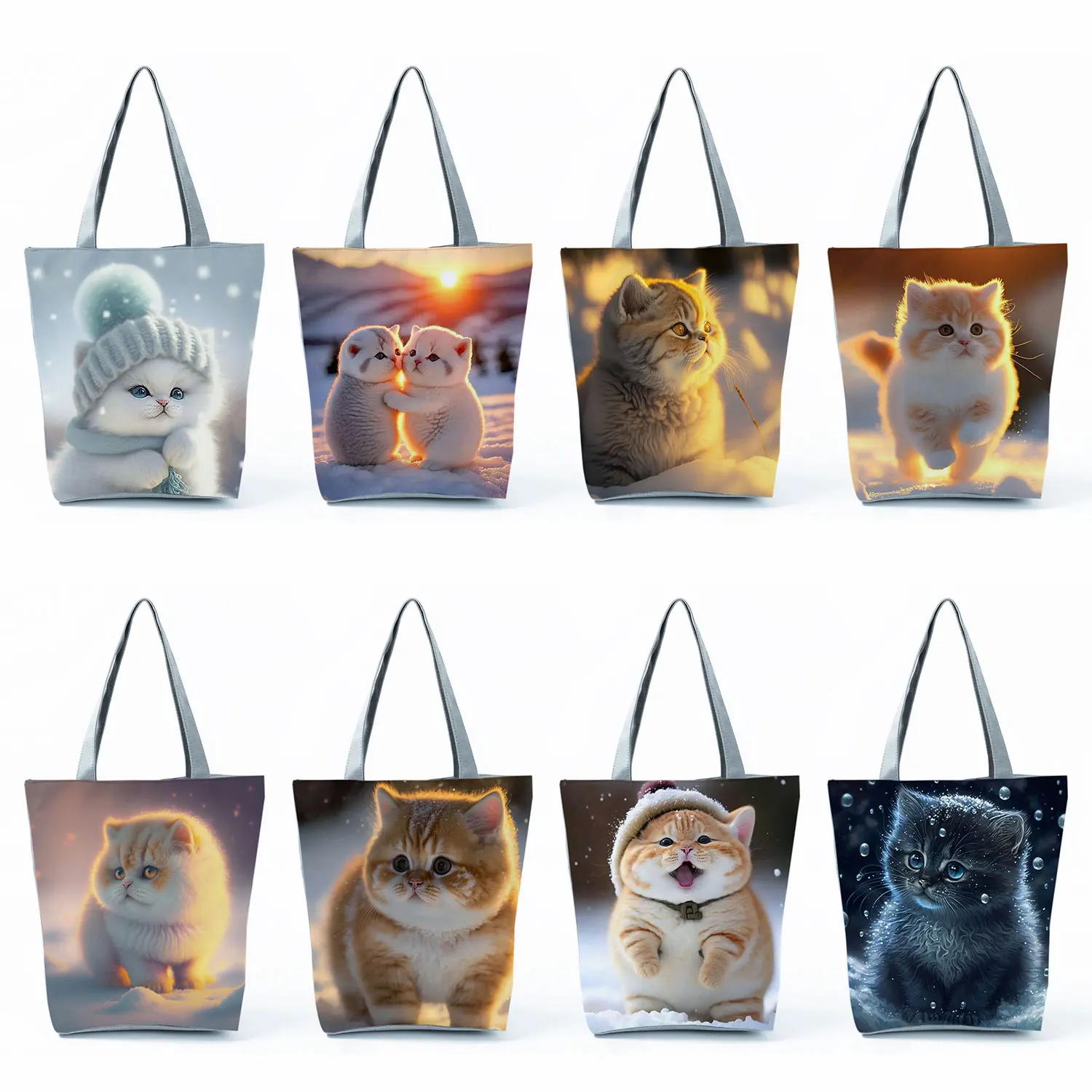  Милые мультяшные животные Сумки для покупок Портативные повседневные Snow Cat Print Eco Многоразовые сумки для женщин Сумка через плечо Travel Beach Tote