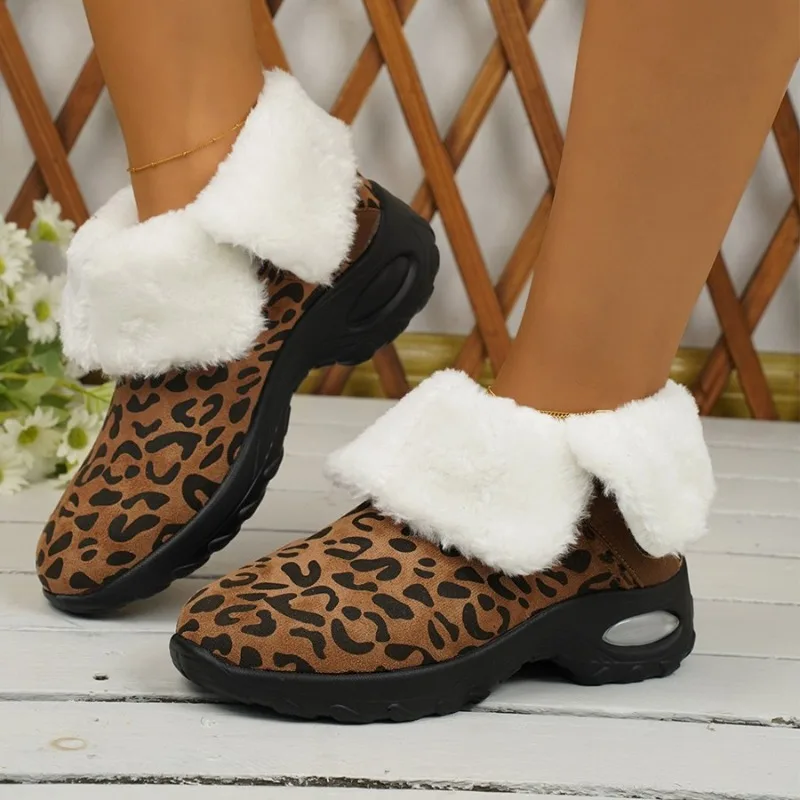 Женская обувь Новый слип на женских сапогах Зимние плюшевые теплые круглые носки Смешанные цвета Леопардовый принт Флок Зимние сапоги на низком каблуке