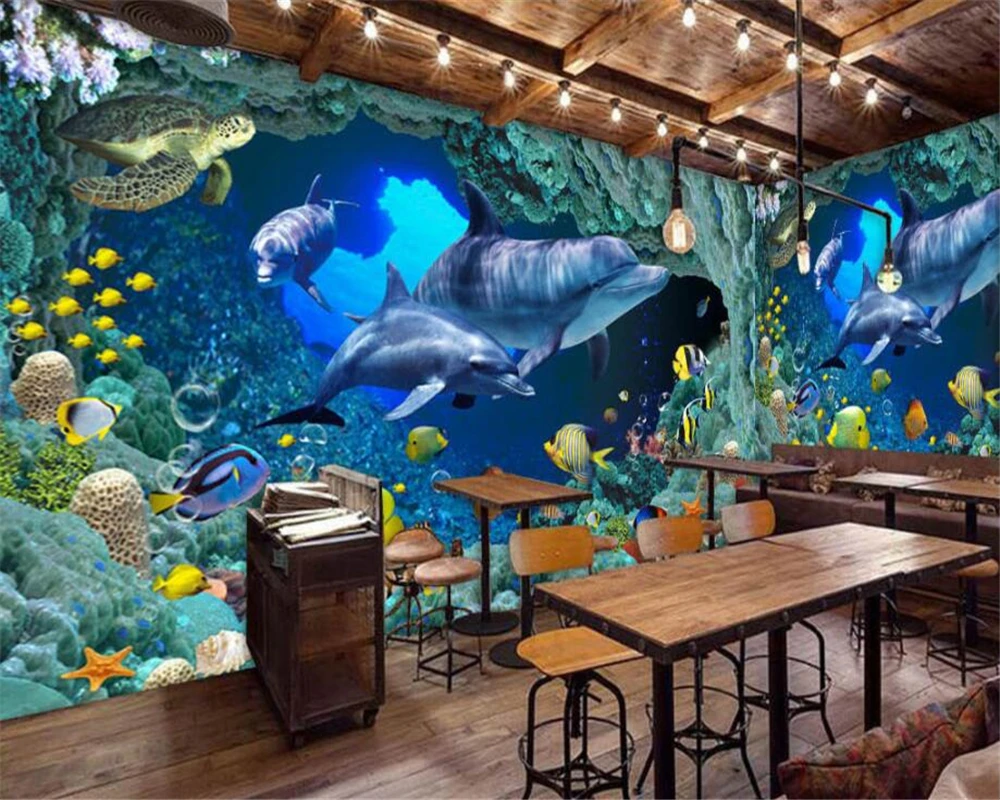 beibehang Пользовательские обои Синий подводный мир Дельфин Тема Ресторан Бар Фон Гостиная Спальня Фрески 3D обои