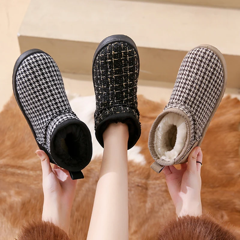 Женщины Сапоги на плоской подошве Сапоги-Женщины с круглым носком Плюшевая обувь Австралия Зимняя обувь Низкая 2023 Кожа Мех Лодыжки Дамы Снег