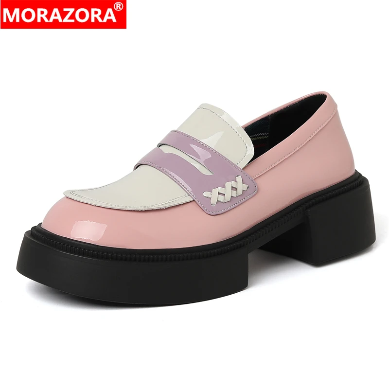MORAZORA 2023 Модная обувь из натуральной кожи Женщина Квадратные каблуки ручной работы Розовые черные женские мокасины Модные женские офисные туфли