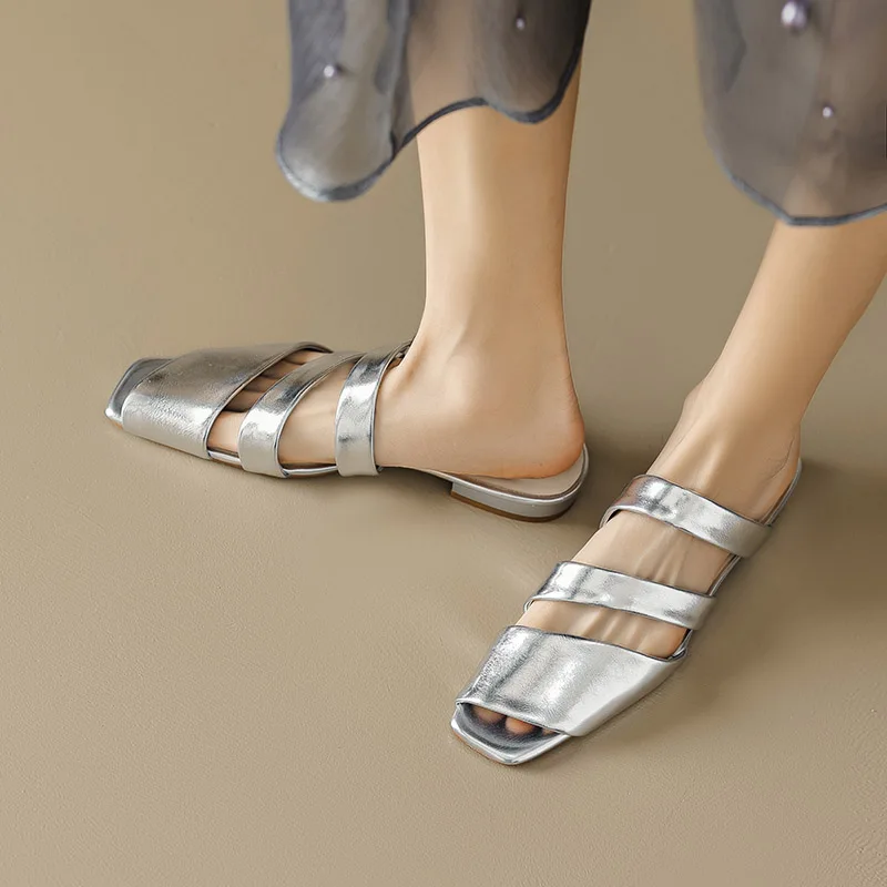 Phoentin 2023 Женские тапочки с квадратным носком Лето новые низкие каблуки Модные женские сандалии Повседневные наружные слайды мюли обувь FT2540