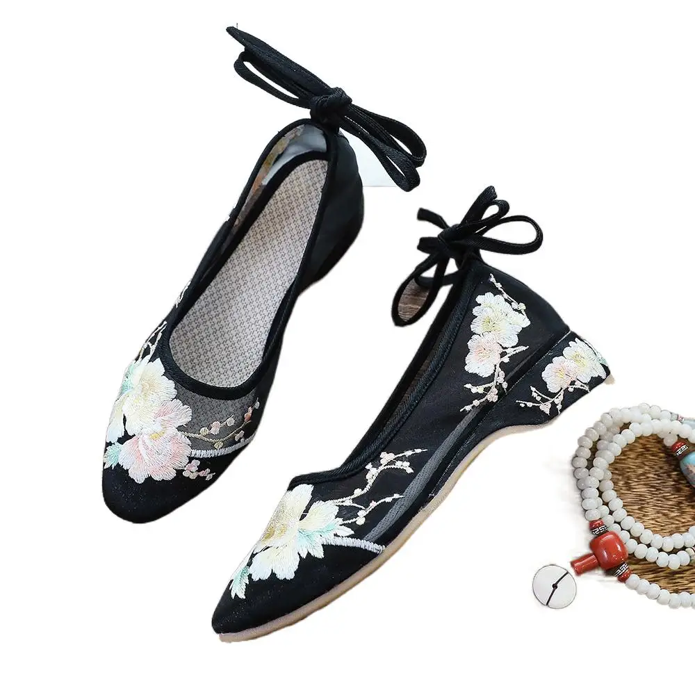 Длинный ремешок на щиколотке Летние женские марлевые сетчатые вышитые балетные туфли Дышащие удобные прогулочные туфли для элегантных женщин
