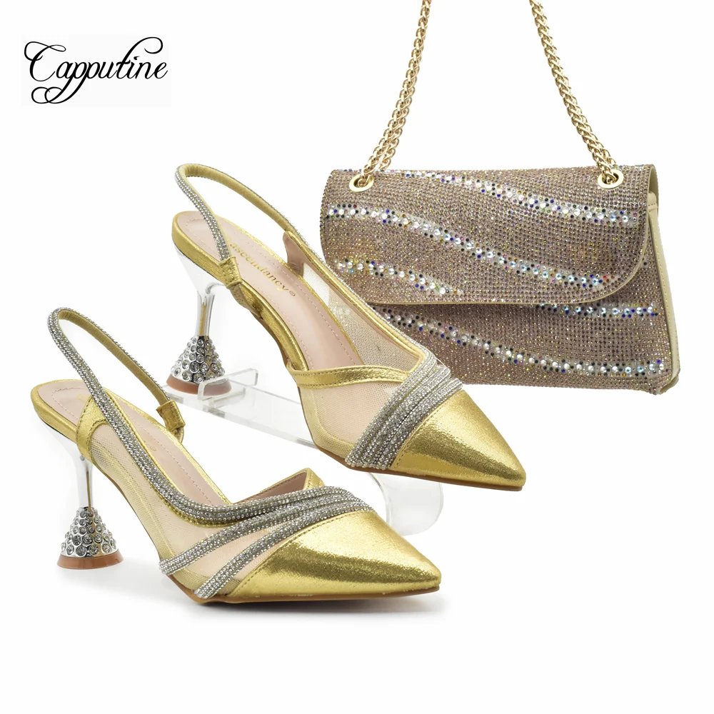  Золотая женская обувь и сумка Набор роскошных туфель с острым носком и сумочкой Сумочка Сандалии на высоком каблуке Sandales Escarpins Femme938-76