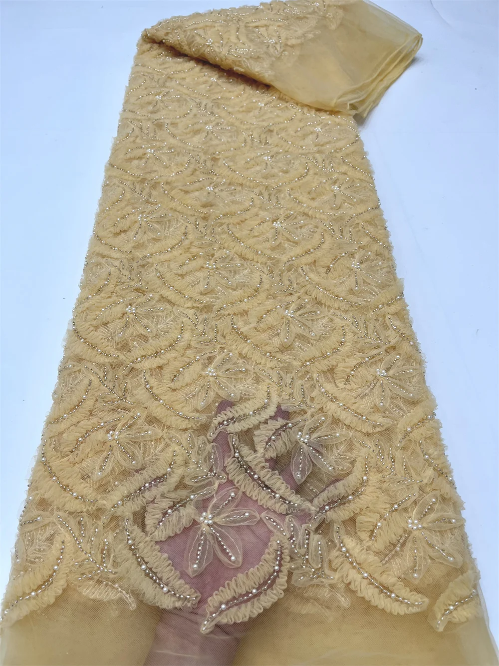 Новое поступление Элегантная бисерная французская сетчатая кружевная ткань Африканский тюль Кружевные ткани с 3d цветочной вышивкой для вечернего платья FJ67AW