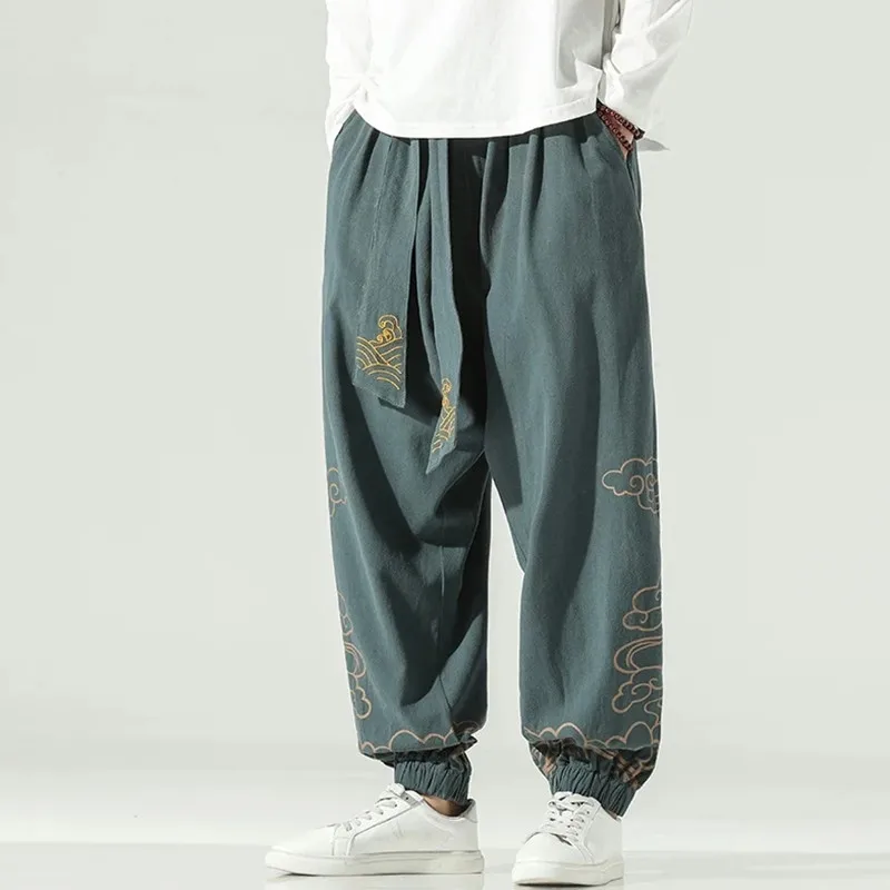 Мужские широкие брюки Harajuku Хлопковый лен Повседневные брюки Мужские вышитые новые спортивные штаны для бега Уличная одежда