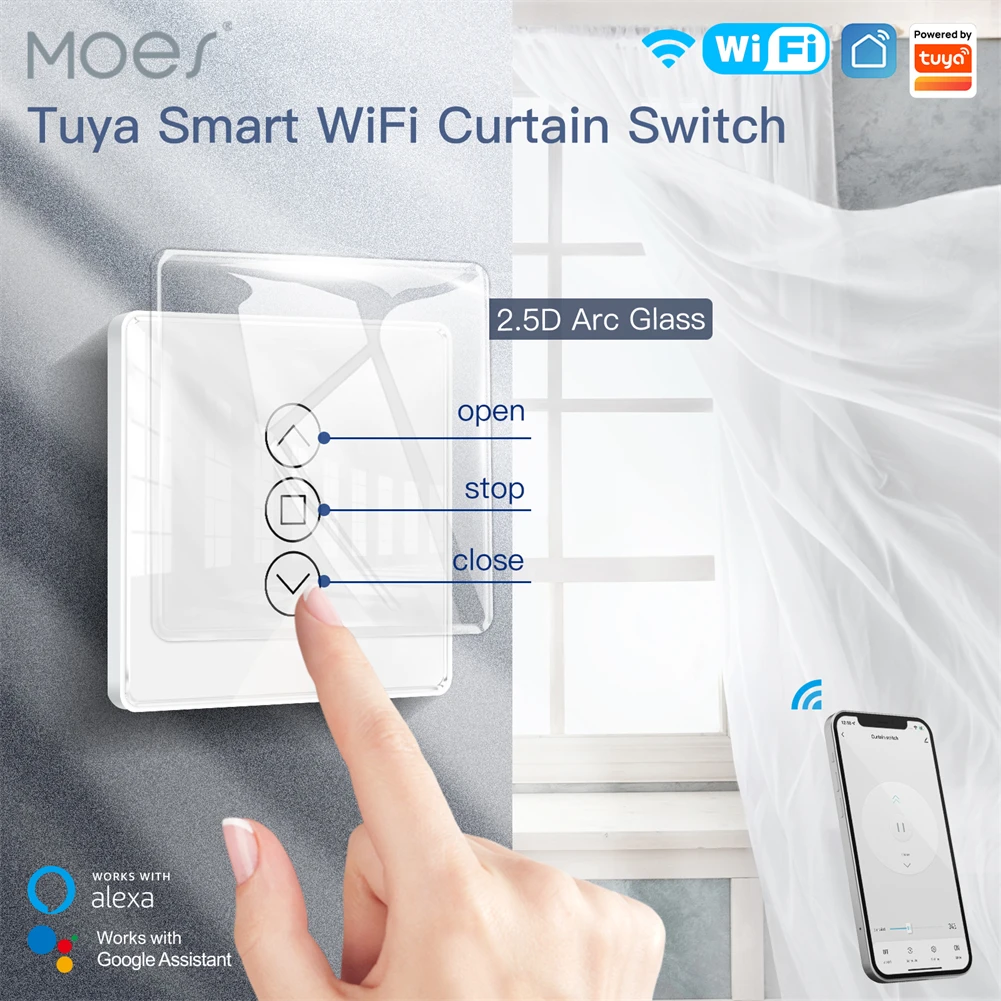 MOES WiFi RF433 Smart 2.5D Arc Glass Сенсорный занавес Переключатель для рольставней для рулонных штор Smart Life / Tuya APP Works Alexa Google Home