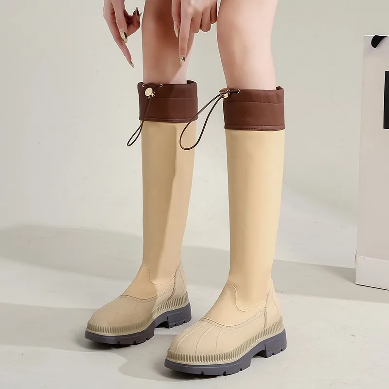 Новые западные ковбойские сапоги Женщины Скольжение на толстых каблуках Тонкие бедра Высокие сапоги Мода Зрелый квадратный каблук Круглый носок Классическая обувь