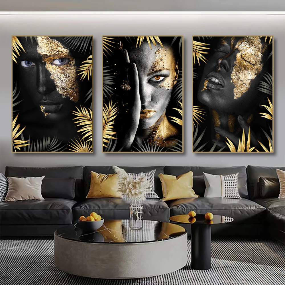  африканский макияж женщины с черными золотыми листьями холст живопись современная фигура настенное искусство плакат печать фото для гостиной домашний декор