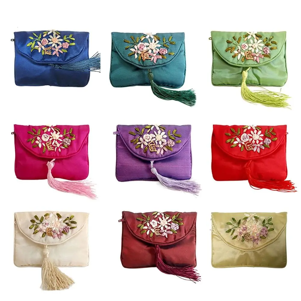 вышитый цветок женские кисточки сумки элегантный этнический стиль молния монета кошелек ручной работы для хранения ювелирных изделий
